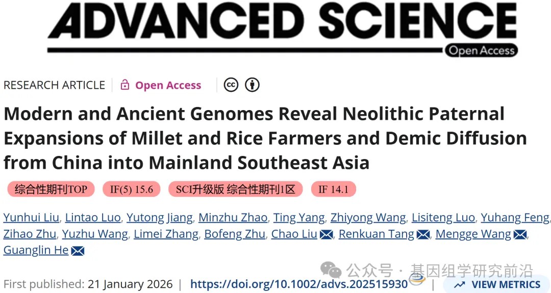 Adv. Sci. | 基于高分辨率古今Y染色体基因组解析新石器粟作与稻作农民的南向扩张及其遗传影响